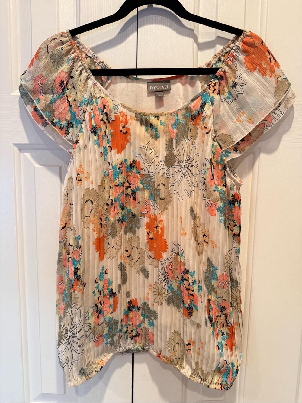 Roz & Ali Cream Floral Pleated Off Shoulder Blouse with Orange Accents